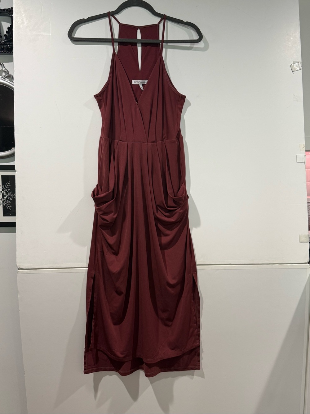 BCBGeneration Burgundy Sleeveless Midi Dress with Draped Pockets